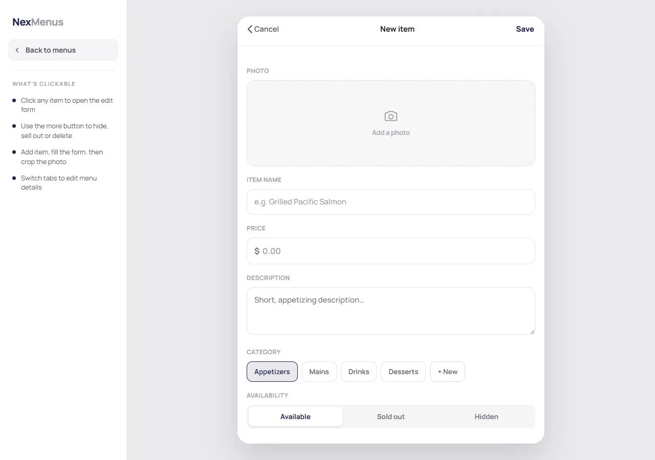 The NexMenus new item form with fields for photo, item name, price, description, category, and availability