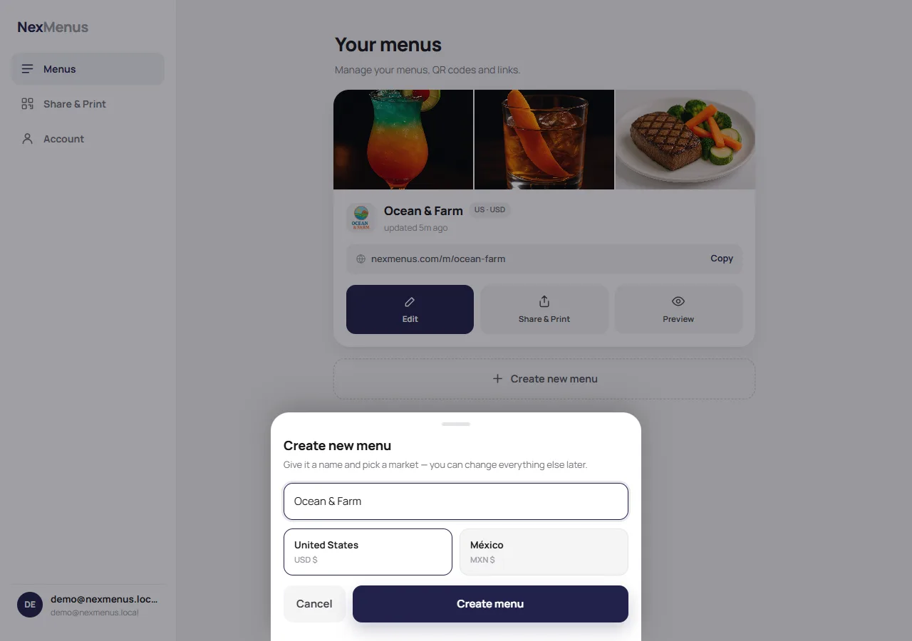 The create menu dialog with a menu name typed in and the United States market selected
