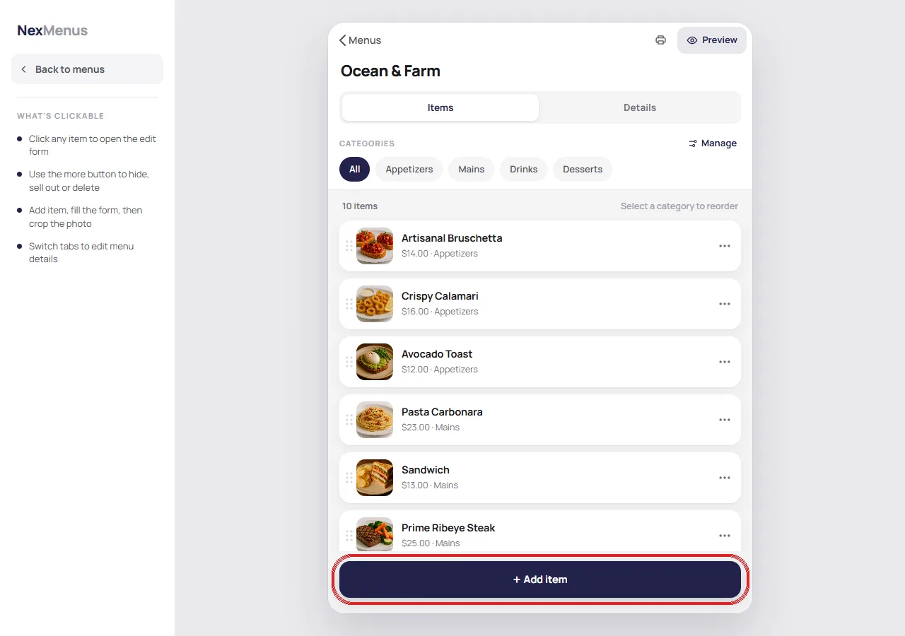The NexMenus editor showing a complete menu with categories and items, with the Add item button highlighted