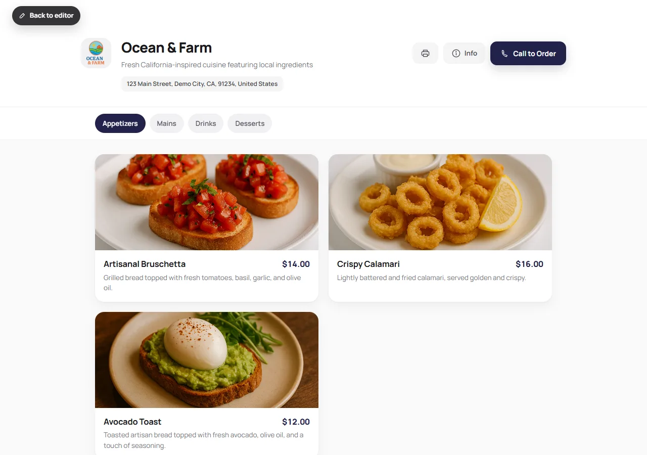 The finished live restaurant menu with logo, address, category pills, dish photos, and prices
