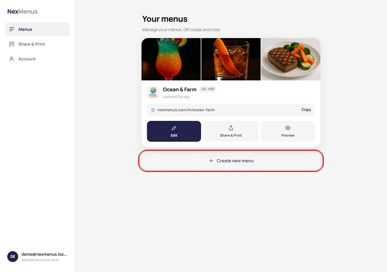 The NexMenus dashboard with the Create new menu button highlighted