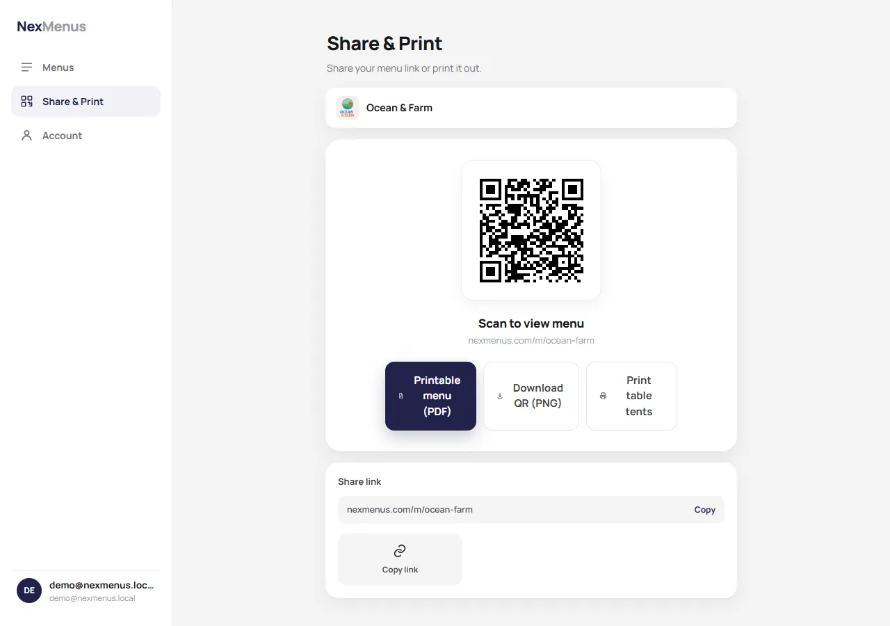 The NexMenus Share and Print page showing the menu QR code, printable menu PDF button, and share link