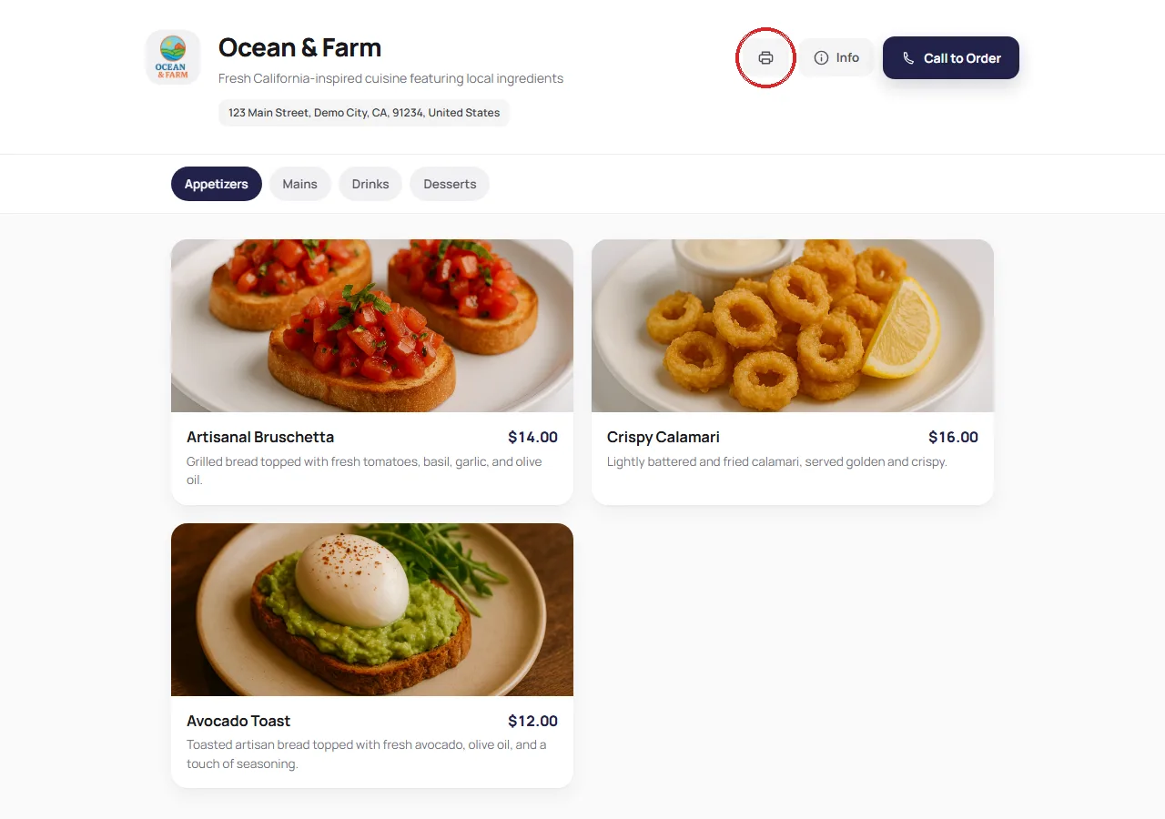 A live NexMenus restaurant menu page with the printer icon highlighted in the top-right corner