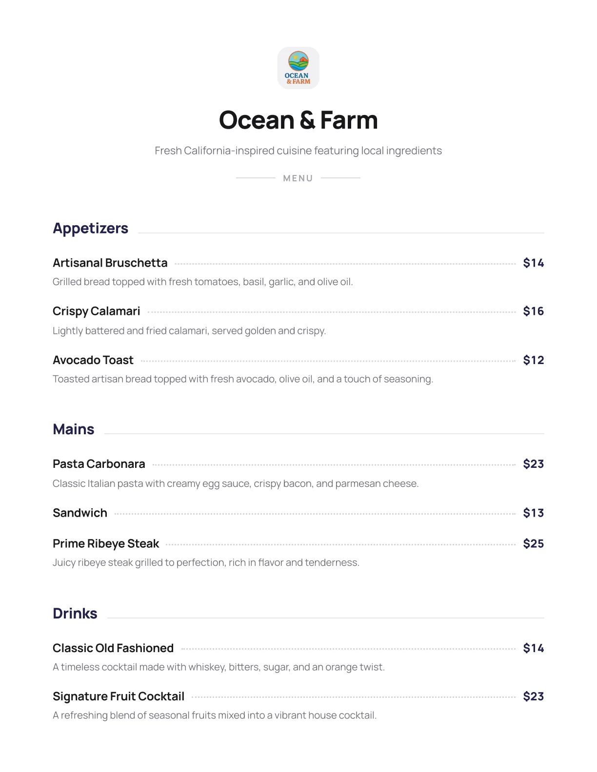 Page one of the finished restaurant menu PDF with aligned prices and clean typography