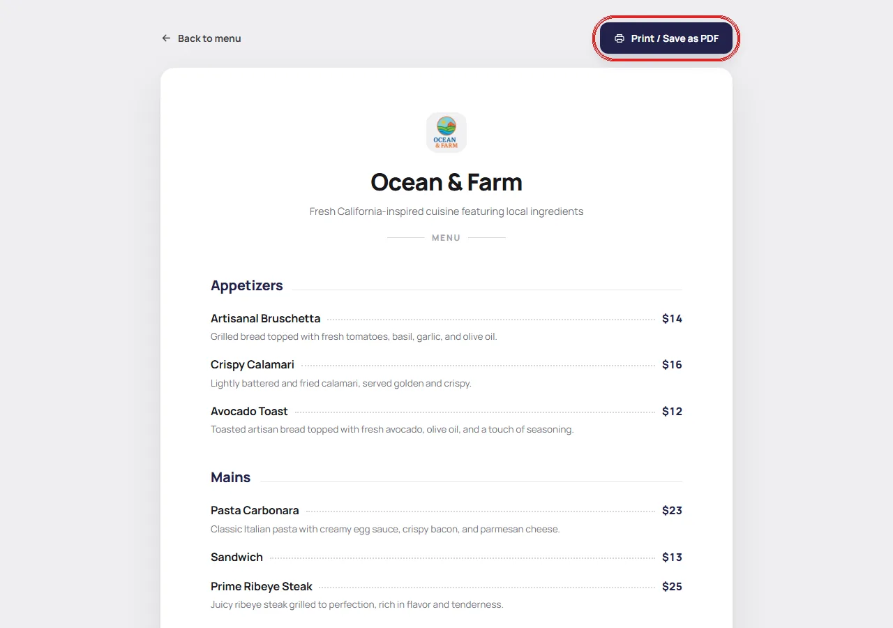 The NexMenus print-ready menu view with the Print / Save as PDF button highlighted